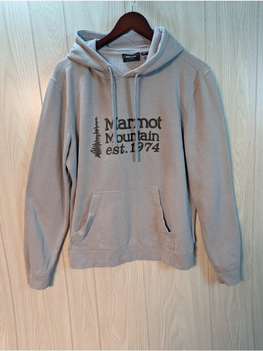 Marmot Mountain Gray Graphic Hoodie Sweatshirt Mens Size Medium Drawstring
